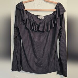 Sugarfox Gray Ruffle Shoulder Women's Long Sleeve Top 1X
